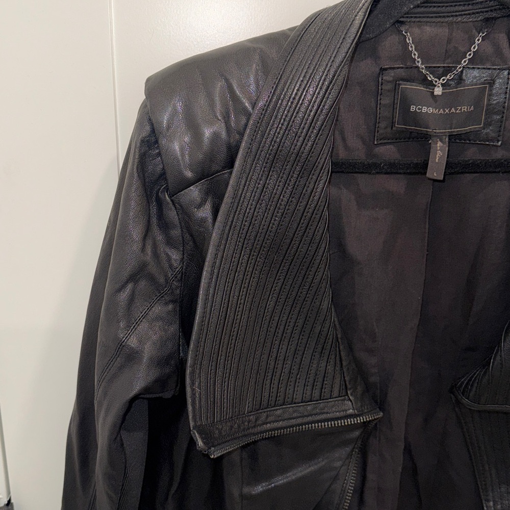 BCBGMaxAzria Black Ribbed Shawl-Collar Leather Jacket - Picture 3 of 5